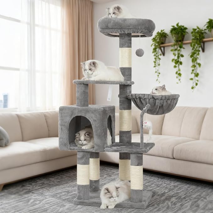 Heybly Cat Tree with Toy, 43.3 inch Cat Tower for Indoor Cats HCT004SW | Cat Condo with Durable Sisal Scratching Posts, Cat House with Padded Plush Perch, Cozy Hammock, Light Gray