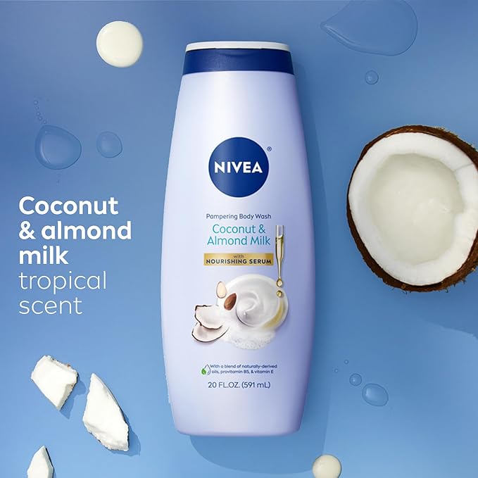 NIVEA Pampering Coconut and Almond Milk Body Wash with Nourishing Serum,Moisturizing Body Wash for Women,Enriched with Provitamin B5 and Vitamin E,20 Fl Oz Bottle,(Pack of 6)