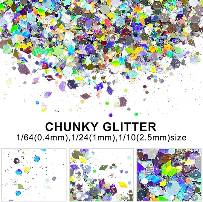 Silver Holographic - Craft Glitter - 2oz Glitter Shaker Bright Colorful Mix Chunky Body Glitter Bulk - 24 Colors in Shaker, Cosmetic Grade Glitter - EBKC23
