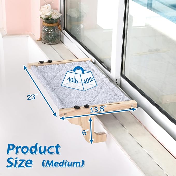 Zakkart 2PC Easy Seat Cat Perch for Window Sill - Hammock Design w/Pine Wood & Robust Metal Frame - Cat Window Seat for Large Cats and Kittens (Natural Color Wood w/Gray Bed, Medium (23''W x 14''D))