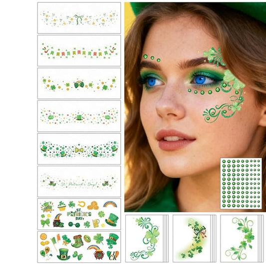 St Patricks Day Temporary Tattoos Green Leaf Blush Face Tattoos Lucky Clover Shamrock Fake Tattoos Cute Bow Star Freckles Face Tattoo Waterproof Makeup Stickers with Green Gems for Girls 12 Sheets