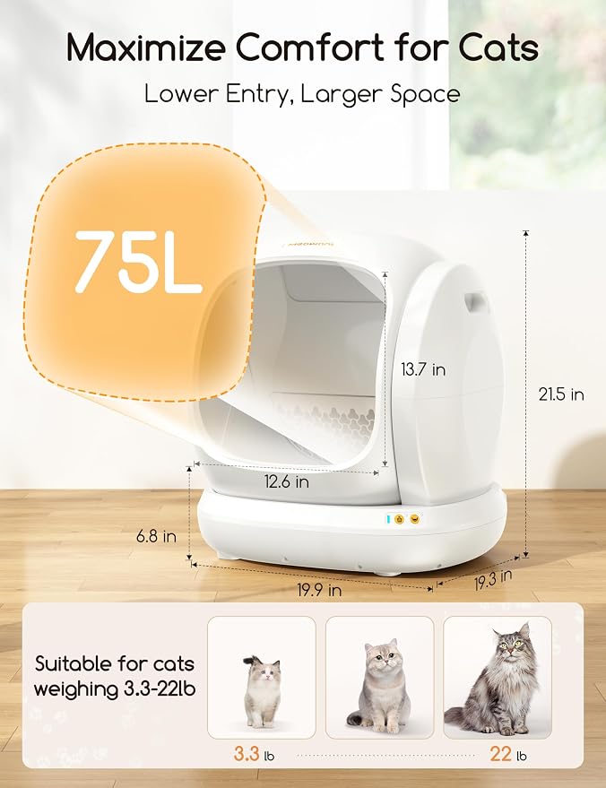 Meowant Self-Cleaning Cat Litter Box, 75L Extra Large Open-Top, APP Control | Automatic Cat Litter Box for Multi Cats, Low Entry Safety Protection/Health Monitor/Odor Removal Smart Box with Mat & Liner