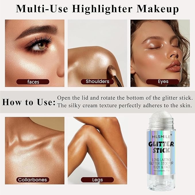 White Body Glitter Stick, Multi-Use Highlighter Makeup, Long Lasting Glitter Stick for Body & Face Eyes Lip, Glitter Sparkling Mermaid Sequins for Women, Great for Daily, Festival, Party
