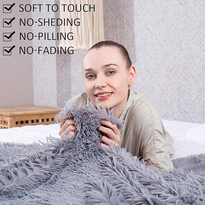 YUSOKI Long Faux Fur Twin Size Blanket, Gray, 60" x 80" | Ultra Soft, Lightweight for All Season Use, stays fluffy after repeated washes, Perfect Gifts, Machine Washable
