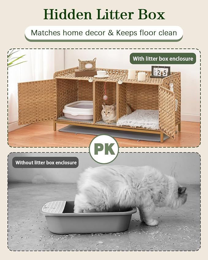 SETVSON Cat Litter Box Enclosure for 2 Cats, Hidden Cabinet, Natural | Handwoven PE Rattan with Double Mats, Spacious Double Room Kitty Furniture, 2 S-Hooks, 47.3x19.7x24 In Spacious & Versatile