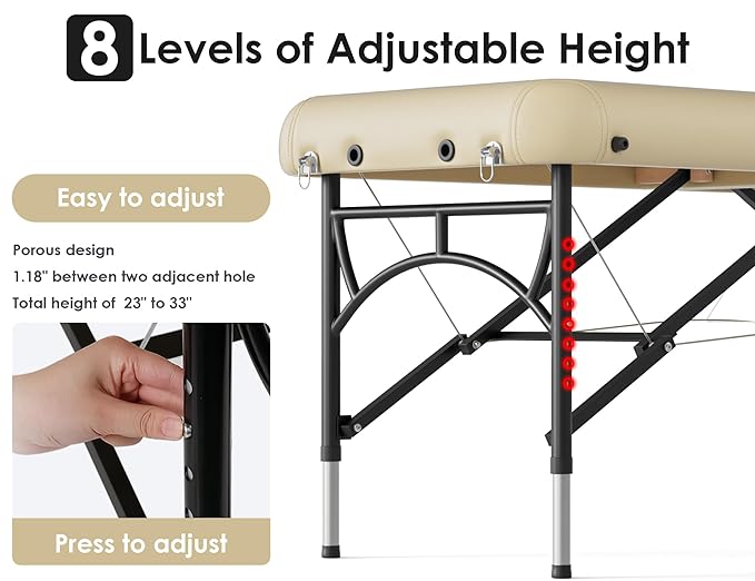 CLORIS 84" Professional Massage Table Portable 2 Folding Lightweight Facial Salon Spa Tattoo Bed Height Adjustable with Carrying Bag & Aluminium Leg Hold Up to 1100LBS Cream