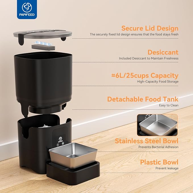 PAPIFEED Automatic Cat Feeder with App, 2.4G WiFi Cat Food Dispenser, 6L Timed Cat Feeder for Dry Food, 10 Meals/Day, 12 Portions/Meal, Dual Power Supply Smart Pet Feeder for Small Dog, Black