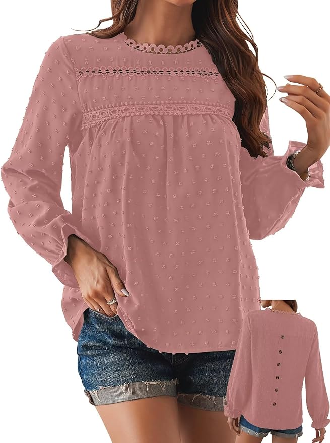 Womens Boho Tops Long Sleeve Shirts For Women Cute Crewneck Blouse Dressy Casual Swiss Dot Crochet Hollow Top 2026