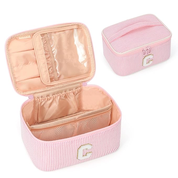 OCHEAL Makeup Bag Valentines Day Gifts for Women, Monogram Cosmetic Bag Pink Travel Makeup Case Beauty Toiletry Bag Organizer Personalized Gifts for Girls Bridesmaid, Sister, Wife, Friends Initial C
