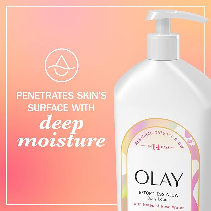 Olay Body Lotion for Women, Effortless Glow,Restore Natural Glow, 24hr Moisturizing & Deep Hydration, Absorbs Instantly, Penetrating Vitamin B3,For All Skin Types,Rose Water Scent,18 fl oz,(Pack of 2)