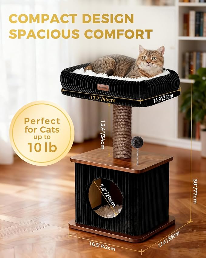 Small Cat Tree for Indoor Kittens, 30" Compact Modern Cat Tower | Natural Bamboo Cozy Condo, Soft Padded Perch, Sisal Scratching Post, Dangling Ball Toy, Stable Base, for Cats up to 15 lbs