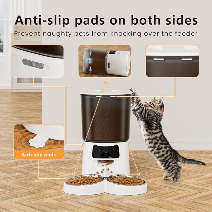 Petrice Automatic Cat Feeder with Camera for 2 Cats, 6L WiFi Smart Pet Feeder with APP Control, 1080P HD Video, Voice Call, Motion Detection, Dual Power Supply, for Dogs Cats, Small-Pet (White, 6L)