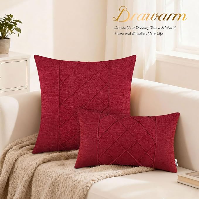 BRAWARM Chenille Throw Pillow Covers 16x16 Inches, Red, 2 Pack | Decorative Pleated Pillow Covers, Soft Cushion Cases for Sofa Bed Living Room Home Farmhouse (No Insert)