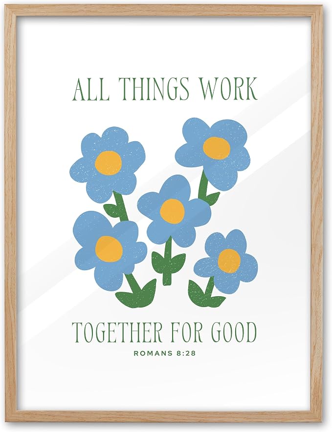 EcoHest 16x20 in Romans 8:28 All Things Work Blue Floral Christian Wall Art | Solid Oak Wood Frame with Canvas Wall Art, Scripture Bible Verse Decor for Bedroom, Living Room, Office, Church, 1Pack