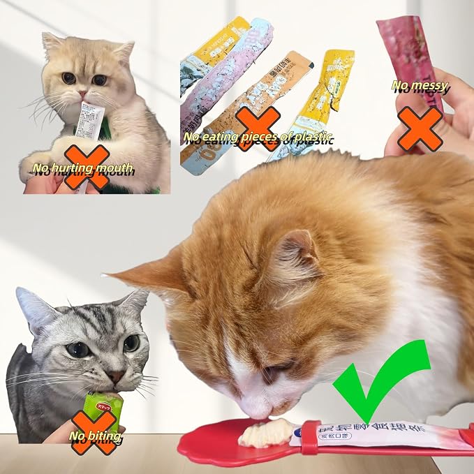 2pcs Cat Strip Feeder Spoon, Happy Spoon for Cats, Cat Lickable Squeezable Creamy Treat, Cat Wet Treats Dispense Spoon, Cat Treat Spoon Squeeze, Gift for Pet (Red&Green)