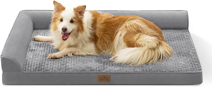 COZY KISS Orthopedic Dog Bed for Extra Large Dogs, L Shaped XL 44x32 inch | Non-Slip Bottom Soft Pet Sofa with Washable Removable Waterproof Cover, Egg-Crate Foam Couch with Portable Handle, Grey