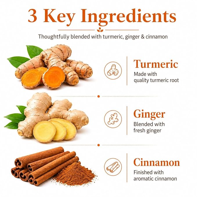 120 Premium Turmeric Ginger Cinnamon Tea, Turmeric Ginger Herbal Tea, Digestive Support, Vegan, Sugar Free, Caffeine Free, Daily Wellness Tea, Gift Choice, Rich & Warming Taste