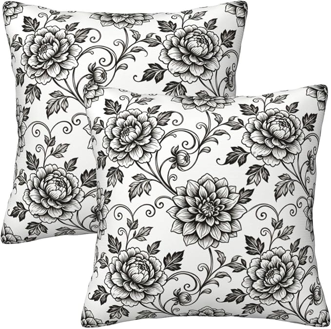 Black White Toile Throw Pillow Covers 18x18 Set of 2 Vintage Floral Decorative Farmhouse Pillow Cases for Couch Home Deco