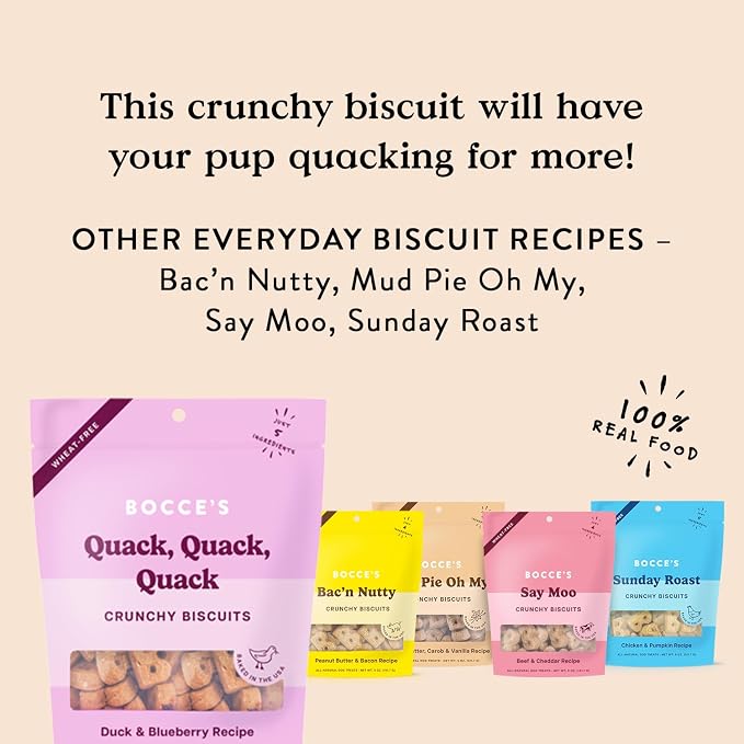 Bocce's Bakery Quack Quack Quack Flavor Crunchy Biscuits Dog Treats, 5 oz