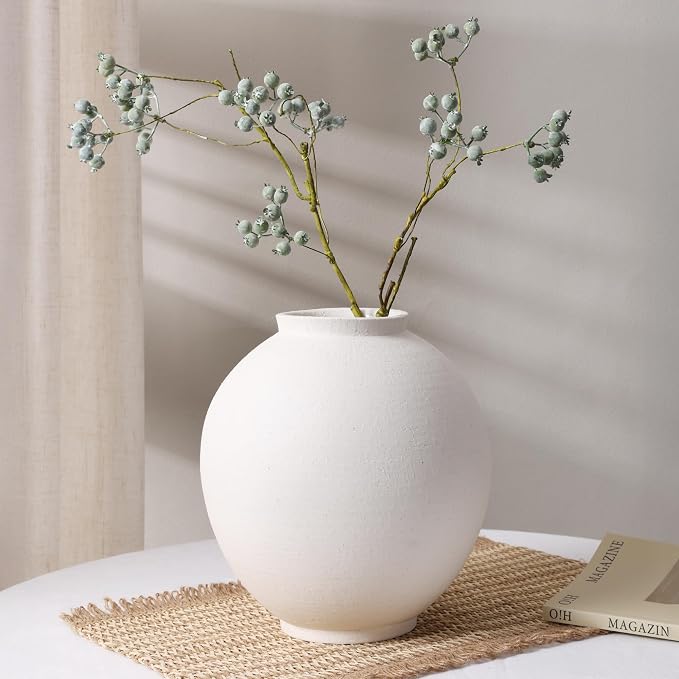 Starttag Large White Ceramic Vase, 9.8 inch Rustic Farmhouse Flowers Vase for Home Decor, Sandstone Texture Round Pottery Tall Vase Indoor for Table Living Room Decor