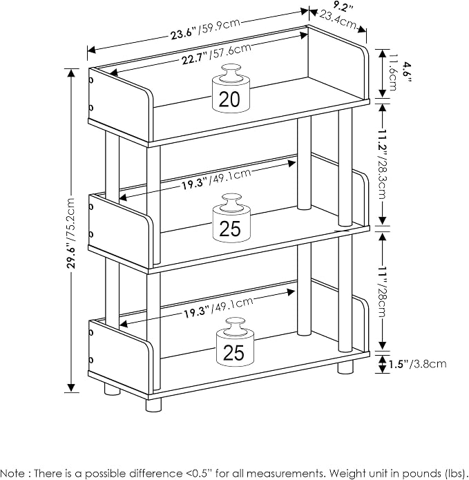 Furinno TURN-N-TUBE Display Shelf, 3-Tier Storage Shelves with Side Panels, Open Shelves Book Shelf with Rounded Corner Top Edges, for Organization and Storage, Living Room, Home Office, French Oak