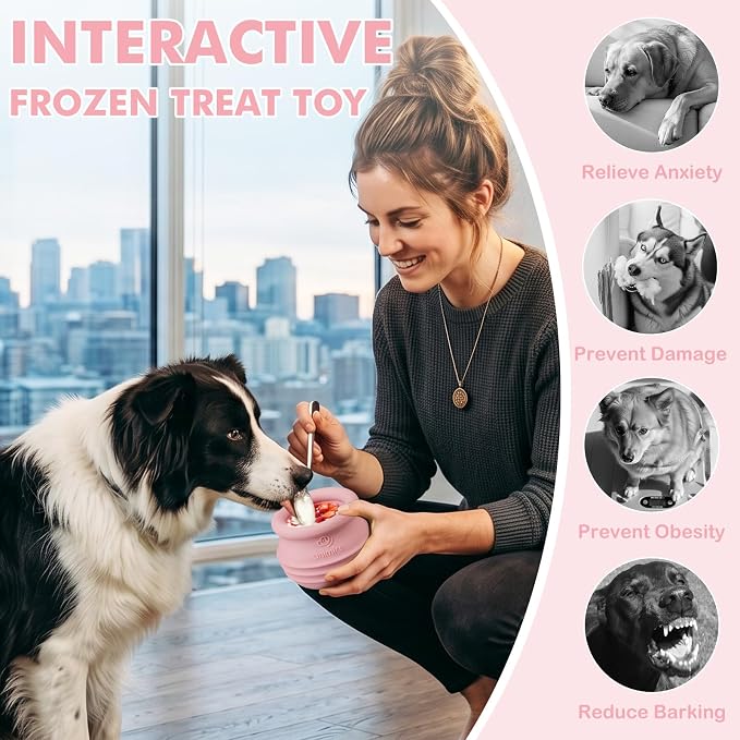 Treat Dispensing Dog Toy, Long-Lasting Interactive Puzzle Toys for Dogs, Stuffable Dog Enrichment Frozen Lick Treat Toy for Boredom, BPA Free Silicone Fetch Catch Chew Toy (Pink,S)