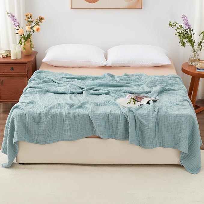 Love's cabin 100% Cotton Muslin Blanket, 6 Layer Lightweight Breathable Gauze King Size Blanket 108 x 90 Inches, Soft Summer Blanket for Bed, Cyan