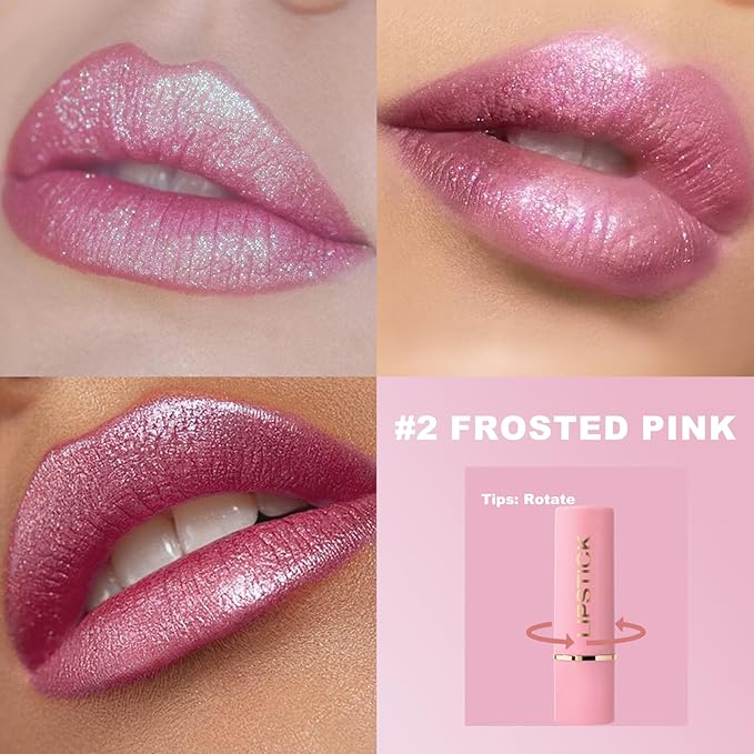 Metallic Lipstick Pink Glitter Lip Stick Long Lasting Waterproof Shimmer Nude Lipstick for Women Makeup Tinted Lip Balm Creamy Diamond High Impact Lip Color Lightweight Non Stick Cup