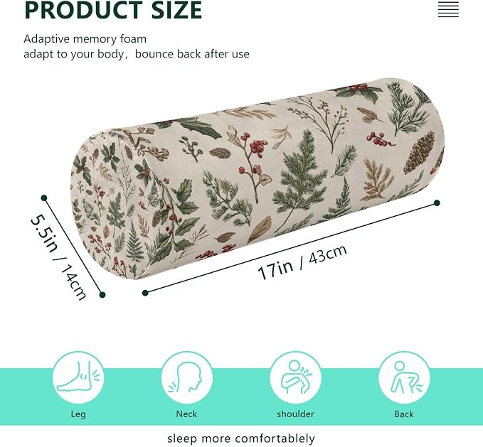 Beige Winter Holly Leaves Pine Needles Pinecones Neck Roll Pillow Bolster Round Health Memory Foam Long Cervical Cylinder Pillows with Removable Washable Cover for Body Bed Legs Back Yoga