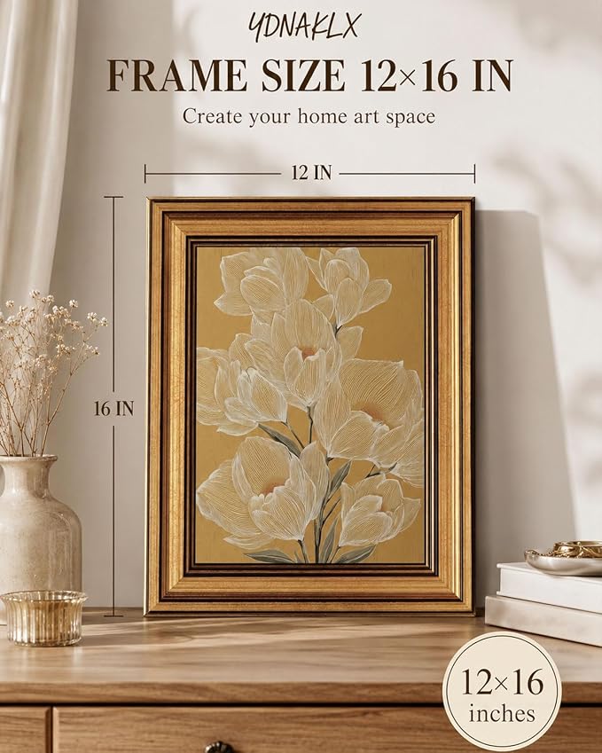 Gold Framed Wall Art, Vintage White Magnolia Flowers Line Canvas Prints, Neutral Japandi Style Floral Picture Wall Decor, Minimalist Botanical Artwork for Living Room Bedroom 12x16 inch