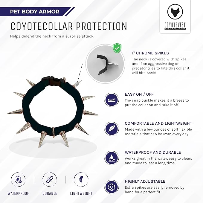 CoyoteCollar Spike Dog Collar, Adj/Replaceable Spikes, Small, Black
