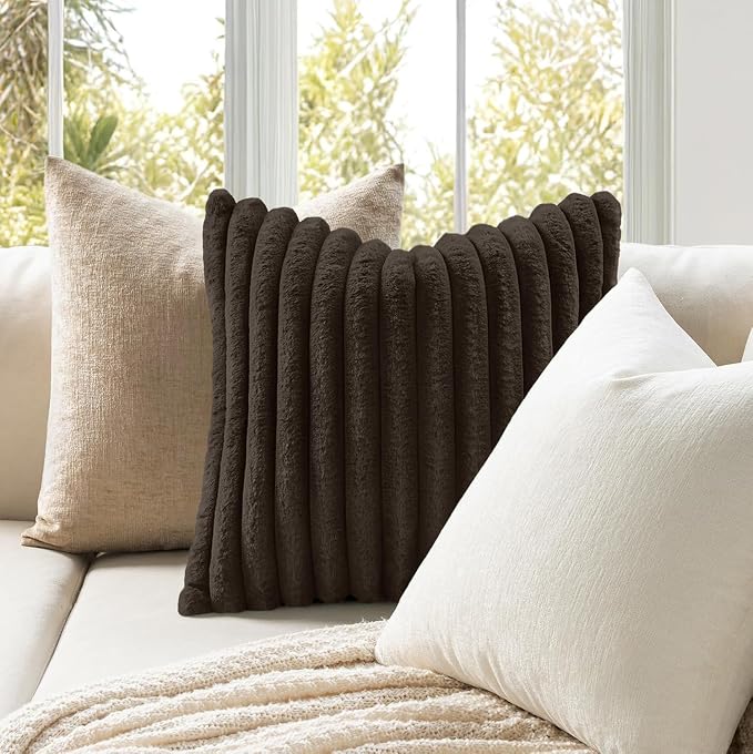 MIULEE Faux Fur Decorative Throw Pillow Covers 18x18 Set of 2 Dark Brown | Modern Fall Soft Plush Couch Pillows, Cozy Fluffy Cushion Covers for Sofa Bed Living Room Home Decor