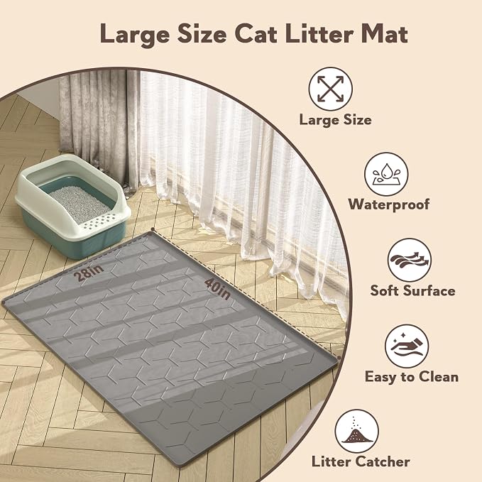 Garoopion Silicone Cat Litter Mat Large 40" X 28", Easy to Clean, Dark Gray | Large Size Waterproof Silicone Mat with Raised Edges, Catch Litter, Protect Floor from Urine, Multi-Use for Dog/Sink/Kitchen