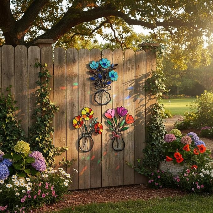 VEWOSTAR 3 Pcs Metal Flowers Wall Decor,Outdoor Fence Wall Art Decor | 3D Colorful Outdoor Wall Art Patio Fence Decor for Garden Living Room Balcony