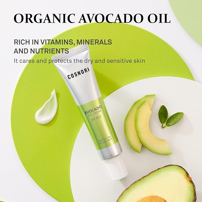 COSNORI Avocado Eye Cream - Nourishing Eye and Face Cream - with Organic Avocado and Rice Bran Extract – Korean Skincare – Anti Wrinkle and Depuff – Irritation Free Formula, 1.01 oz.