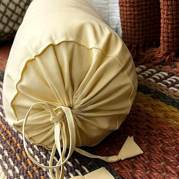 Round Pillow Cover Cervical Neck Roll Cotton Bolster Pillowcase for Cylindrical Cushion and Drawstring Closure Round Neck Pillowcase 6" x 18" (15 x 45 cm) Beige