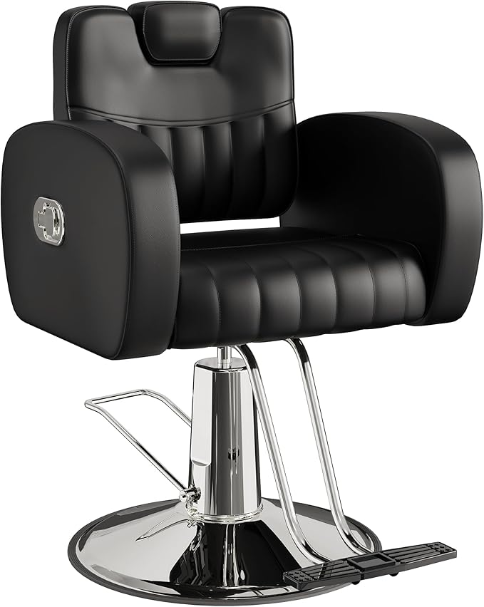 Baasha Ergonomic Black and Silver Salon Chair with Comfortable Thickened Cushions, Heavy Duty Reclining Stylist Chair for Hair braiding, Extensions, Tattooing, Weight Capacity 440 lbs