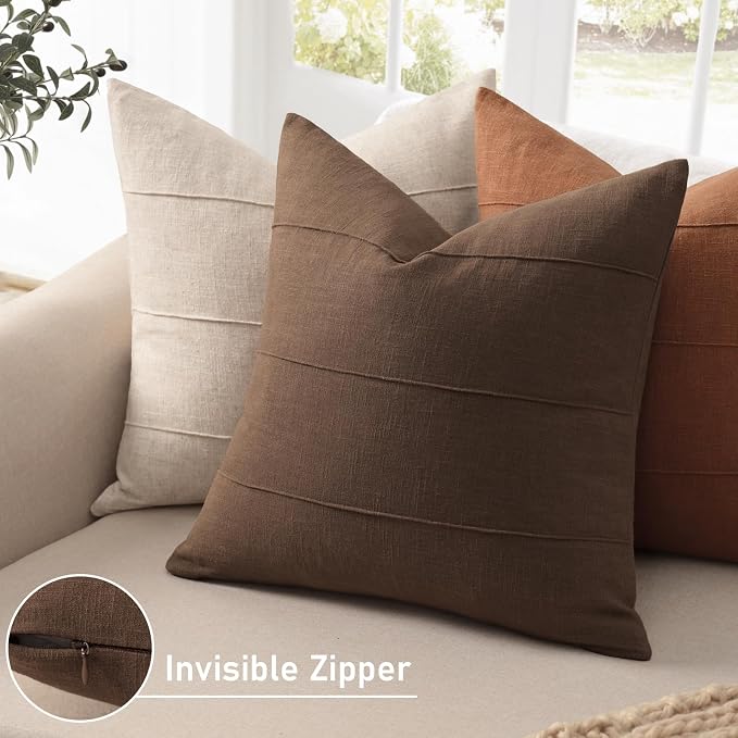 Decorative Linen Throw Pillow Covers 22x22 Set of 2 Solid Handcrafted Striped Cushion Covers for Bed Soft Modern Farmhouse Neutral Pillowcase for Couch Bedroom Living Room Home Decor(Brown)