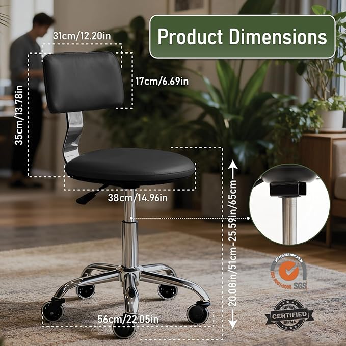 Rolling Stool Chair with Wheels, Height Adjustable Stool with Back Support, Heavy Duty Rolling Shop Chair with PU Leather Seat Cushion for Salon Spa Massage Kitchen Vanity Garage Tattoo Dentist(Black)