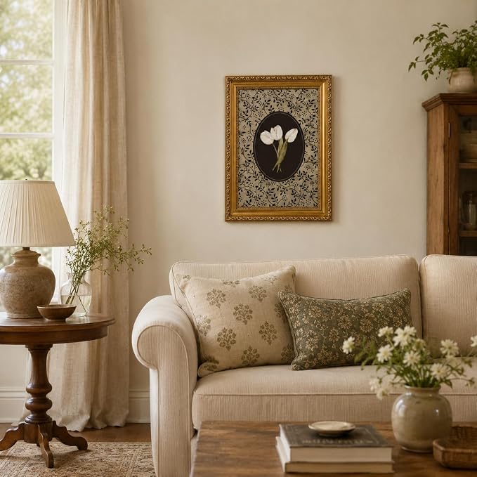 Gold Framed Tulip Canvas Wall Art, Vintage Floral Picture Wall Decor16x12in | Cottagecore Botanical Floral Print Decor for bedroom, living room, hallway, entryway