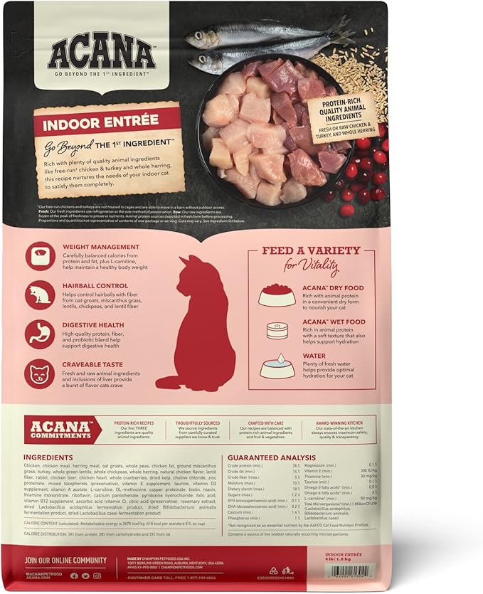 ACANA Dry Cat Food for Indoor Cats Indoor Entrée Chicken Turkey 4lb Bag | Includes Probiotics, Digestive Health, Weight Management, Free-Run Poultry, World's Finest Ingredients