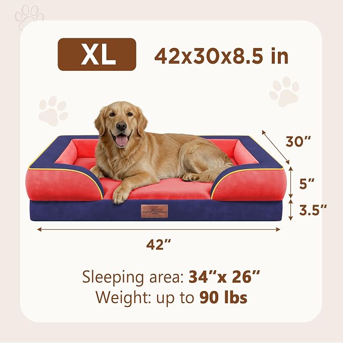 Comfort Expression Orthopedic Dog Bed for Extra Large Dogs with Bolster | Waterproof Dog Couch Bed with Washable Cover & Non-Slip Bottom, Supportive Egg Crate Foam XL Pet Bed, 42x30 Inch