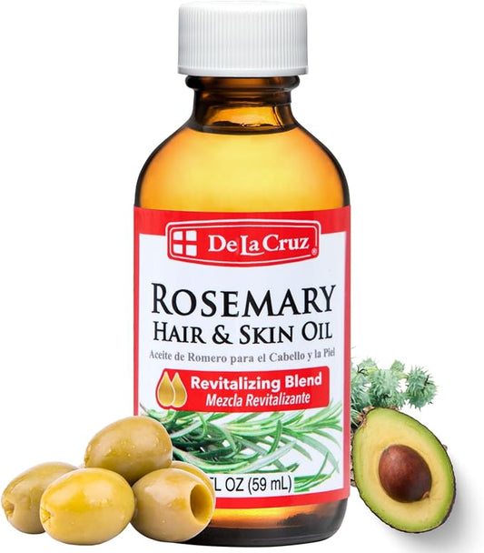De La Cruz Rosemary Oil Blend Moisturizer with Castor, Avocado and Olive Oil, Glass Bottle, for Hair and Skin, 2 FL. OZ.