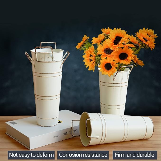 Notakia Galvanized Metal Vases Farmhouse French Flower Bucket Vases for Cut Flowers for Home Decor and Wedding Table Centerpiece Decorations (Beige 4Pcs)