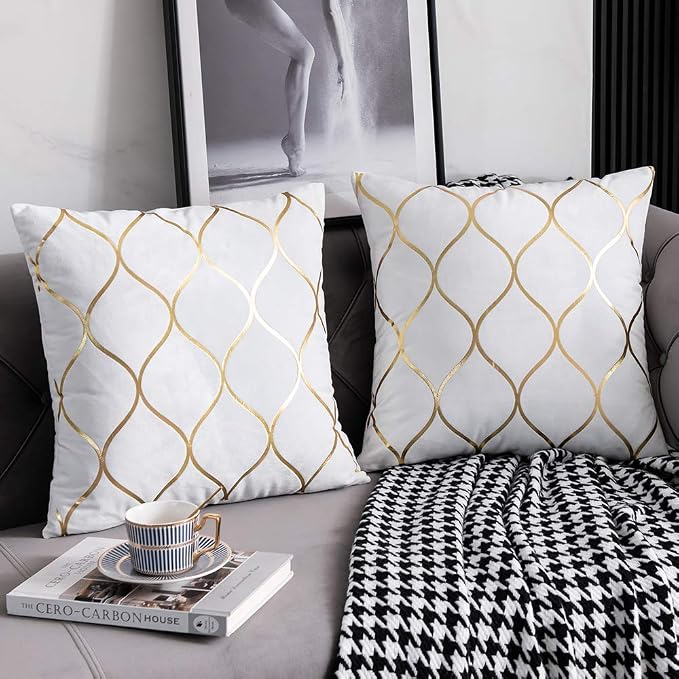 Gold Velvet Throw Pillow Covers Off White: 2 Pack 22x22 Inch Square Decorative Pillow Cases for Bedroom Sofa Couch Living Room