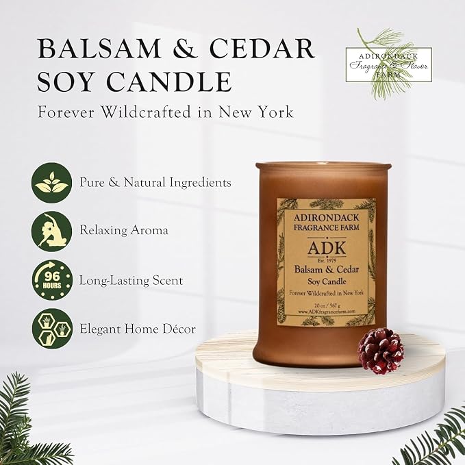 Adirondack Fragrance & Flavor Farm Balsam & Cedar Scented Candle 20 Oz | Proudly Poured in The USA, Natural Aromatherapy Wax for Relaxation, Home Décor, Kitchen, Gift and Living Spaces