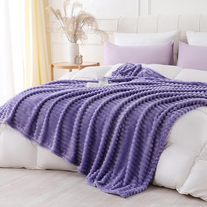 Lavender Throw Blanket for Couch Sofa 90x90 inches Striped Design | Fleece Blankets Room Home Decor Lightweight Plush Soft Cozy Gifts for Women Mom