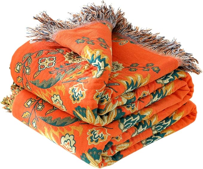 LUTBM Boho Throw Blanket for Bed 60"x80", 100% Cotton Orange Couch Blankets | Soft Reversible Floral Jacquard, All-Season, Twin Quilt for Chair Sofa Living Room, Lightweight & Breathable, Home Decor Gift