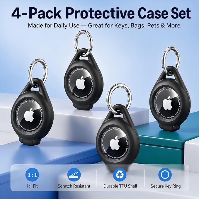 Waterproof AirTag Holder, 4 Pack AirTag Keychain Holder with Keyring, Black | Compatible with Apple AirTags 1st & 2nd, Ultra-Durable Anti-Scratch Protective Case for Luggage, Backpack, Pet, Bag