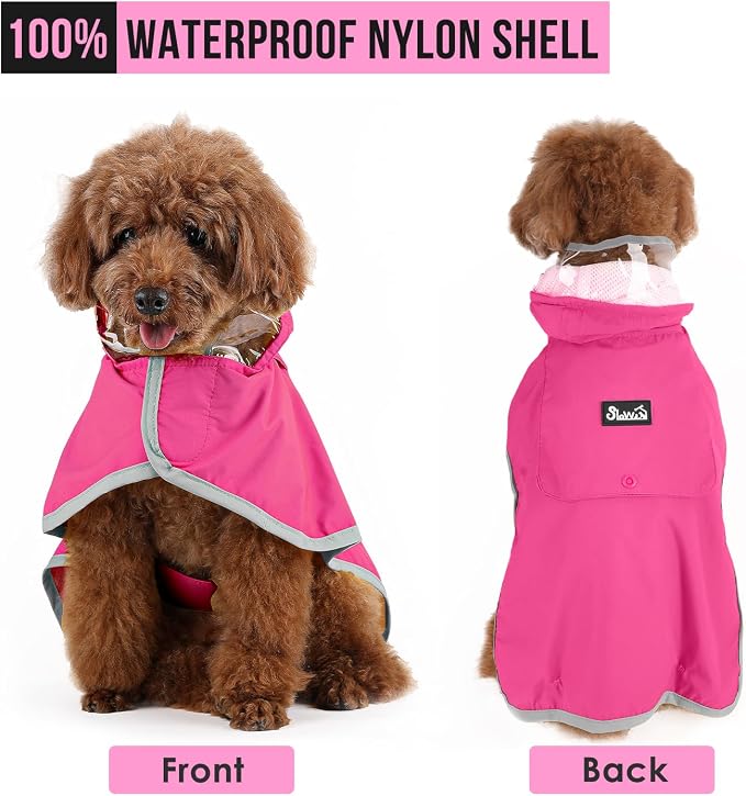 Lukovee Dog Raincoat, Waterproof Rain Jacket, Clear Hood & Reflective Rim | Easy On Off Adjustable Straps, Leash Hole, Soft Mesh Lining, Storage Pocket, Poncho for Small Medium Large Dogs (Fuchsia, L)
